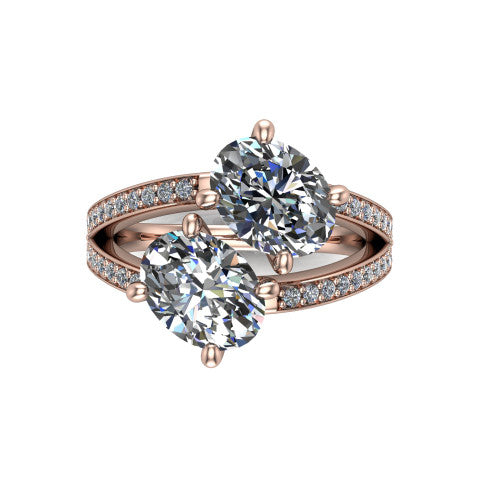 Malani oval three stone engagement ring in 18K Rose Gold, top-down view showing the two diamonds in a toi et moi arrangement where the split shank meets the head