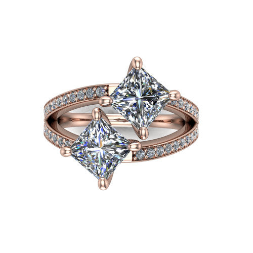 Malani princess three stone engagement ring in 14K Rose Gold, top-down view showing the two diamonds in a toi et moi arrangement where the split shank meets the head
