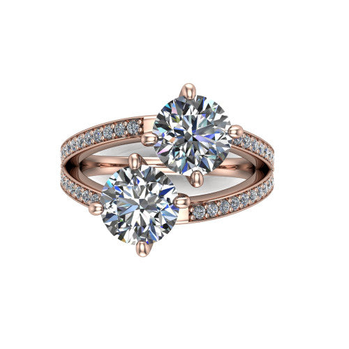 Malani round three stone engagement ring in 18K Rose Gold, top-down view showing the two diamonds in a toi et moi arrangement where the split shank meets the head
