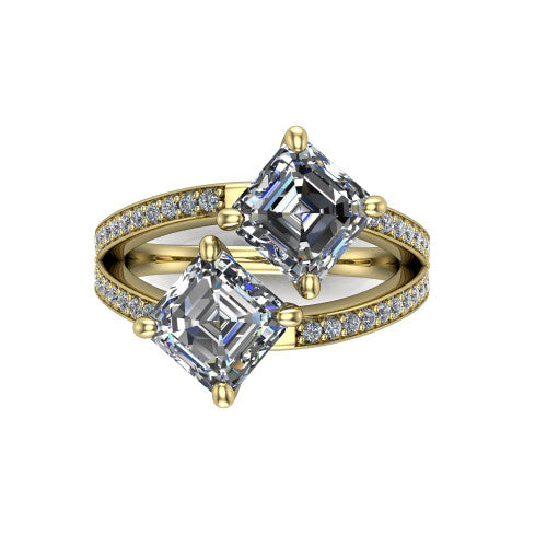 Malani asscher three stone engagement ring in 14K Yellow Gold, top-down view showing the two diamonds in a toi et moi arrangement where the split shank meets the head