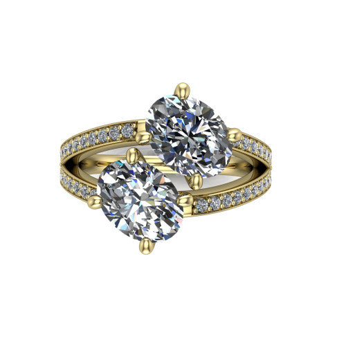 Malani oval three stone engagement ring in 14K Yellow Gold, top-down view showing the two diamonds in a toi et moi arrangement where the split shank meets the head