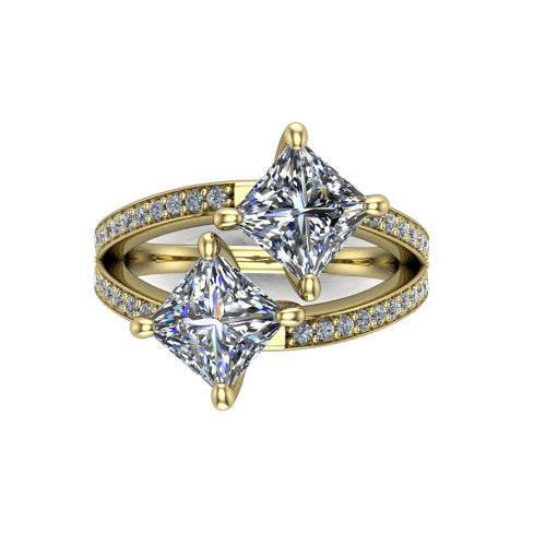 Malani princess three stone engagement ring in 14K Yellow Gold, top-down view showing the two diamonds in a toi et moi arrangement where the split shank meets the head