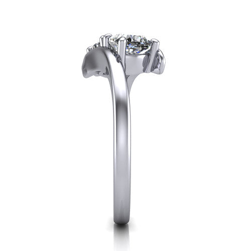 Alayna cushion three stone engagement ring in 14K White Gold, side profile showing the bypass swirl shoulders crossing beneath the two-stone head