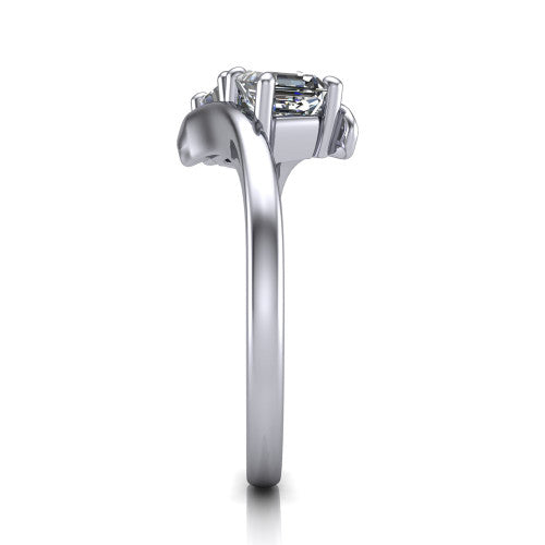 Alayna asscher three stone engagement ring in 18K White Gold, side profile showing the bypass swirl shoulders crossing beneath the two-stone head