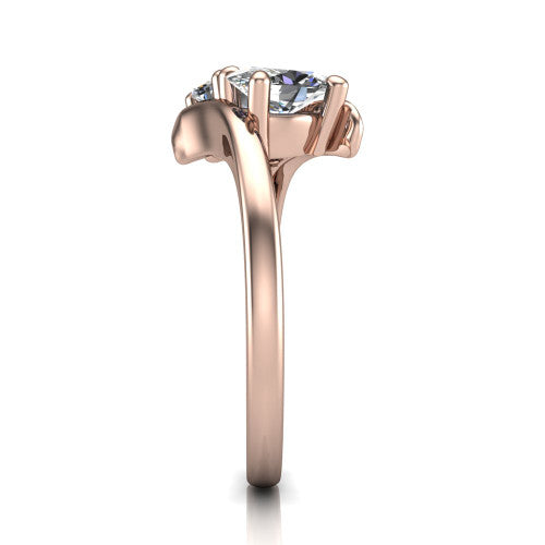Alayna oval three stone engagement ring in 14K Rose Gold, side profile showing the bypass swirl shoulders crossing beneath the two-stone head