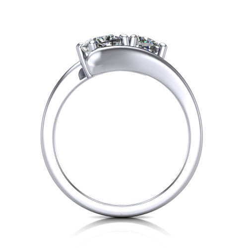 Alayna cushion three stone engagement ring in Platinum, through-finger front profile showing the two-stone head and the smooth polished bypass band