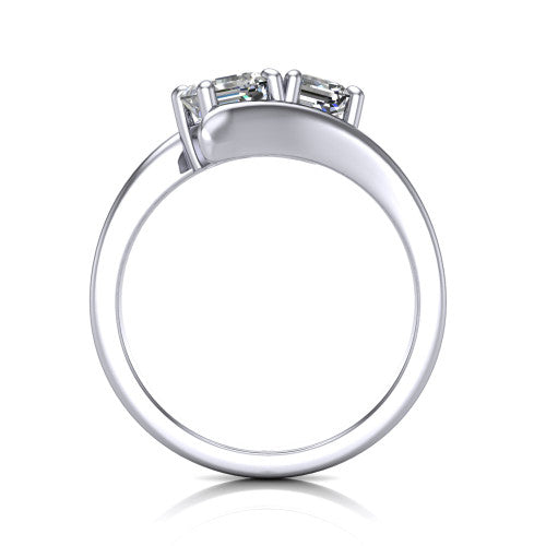 Alayna asscher three stone engagement ring in 18K White Gold, through-finger front profile showing the two-stone head and the smooth polished bypass band