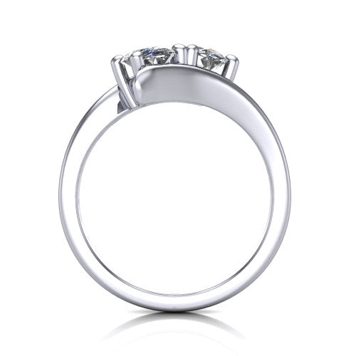 Alayna oval three stone engagement ring in 18K White Gold, through-finger front profile showing the two-stone head and the smooth polished bypass band