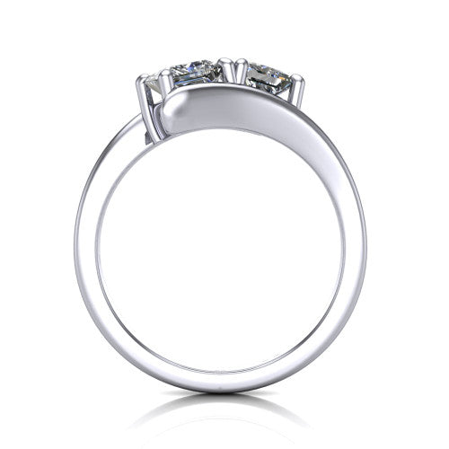 Alayna princess three stone engagement ring in Platinum, through-finger front profile showing the two-stone head and the smooth polished bypass band
