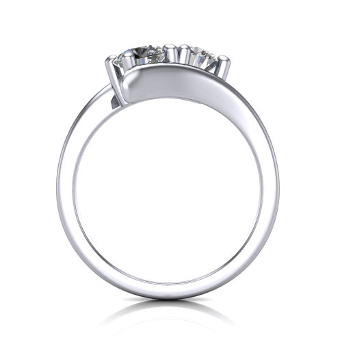 Alayna round three stone engagement ring in Platinum, through-finger front profile showing the two-stone head and the smooth polished bypass band