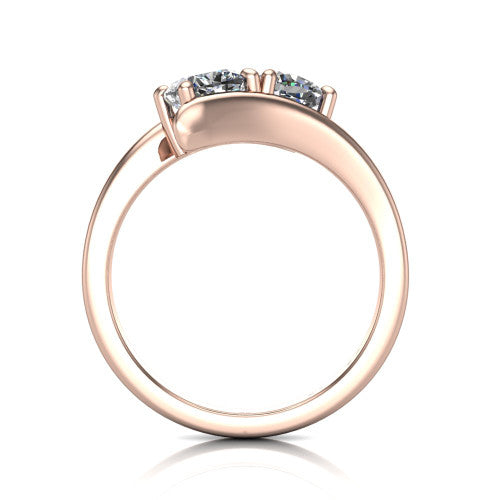 Alayna cushion three stone engagement ring in 14K Rose Gold, through-finger front profile showing the two-stone head and the smooth polished bypass band