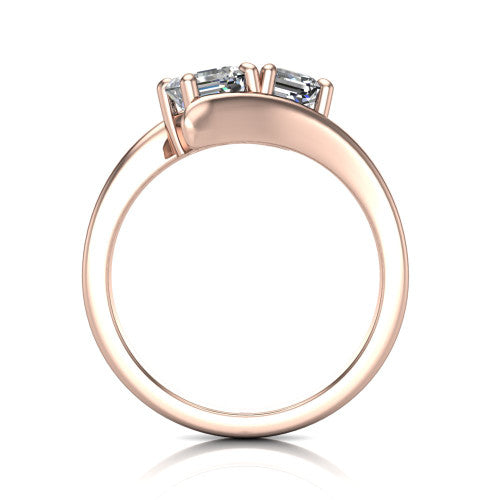 Alayna asscher three stone engagement ring in 14K Rose Gold, through-finger front profile showing the two-stone head and the smooth polished bypass band