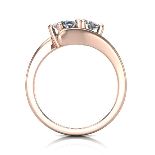 Alayna oval three stone engagement ring in 14K Rose Gold, through-finger front profile showing the two-stone head and the smooth polished bypass band