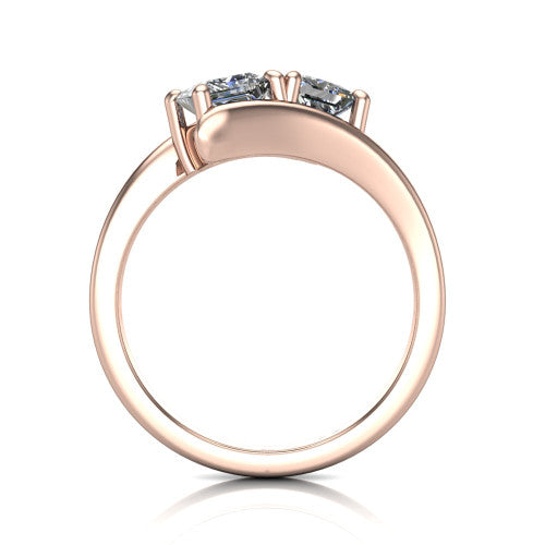 Alayna princess three stone engagement ring in 14K Rose Gold, through-finger front profile showing the two-stone head and the smooth polished bypass band