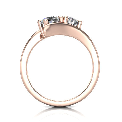 Alayna round three stone engagement ring in 18K Rose Gold, through-finger front profile showing the two-stone head and the smooth polished bypass band