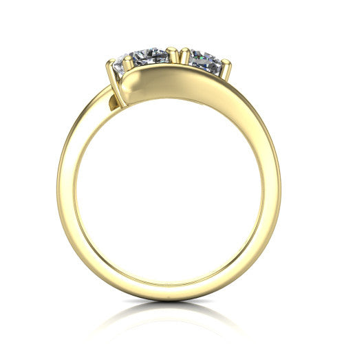 Alayna cushion three stone engagement ring in 18K Yellow Gold, through-finger front profile showing the two-stone head and the smooth polished bypass band