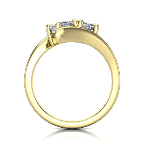 Alayna emerald three stone engagement ring in 14K Yellow Gold, through-finger front profile showing the two-stone head and the smooth polished bypass band