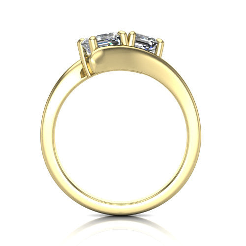 Alayna asscher three stone engagement ring in 14K Yellow Gold, through-finger front profile showing the two-stone head and the smooth polished bypass band