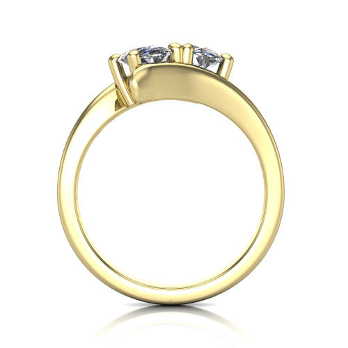 Alayna oval three stone engagement ring in 18K Yellow Gold, through-finger front profile showing the two-stone head and the smooth polished bypass band