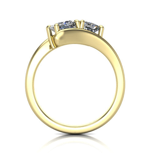 Alayna princess three stone engagement ring in 18K Yellow Gold, through-finger front profile showing the two-stone head and the smooth polished bypass band