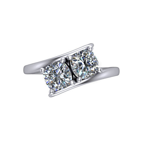 Alayna cushion three stone engagement ring in 14K White Gold, top-down view showing the two diamonds set diagonally in a toi et moi arrangement above the open band