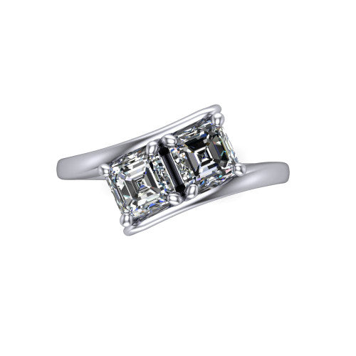 Alayna asscher three stone engagement ring in 14K White Gold, top-down view showing the two diamonds set diagonally in a toi et moi arrangement above the open band