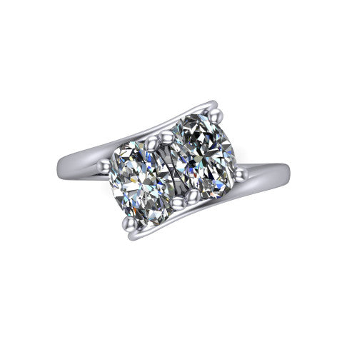 Alayna oval three stone engagement ring in 18K White Gold, top-down view showing the two diamonds set diagonally in a toi et moi arrangement above the open band
