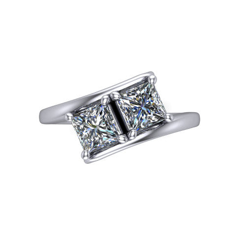 Alayna princess three stone engagement ring in 14K White Gold, top-down view showing the two diamonds set diagonally in a toi et moi arrangement above the open band