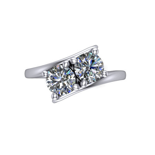 Alayna round three stone engagement ring in Platinum, top-down view showing the two diamonds set diagonally in a toi et moi arrangement above the open band