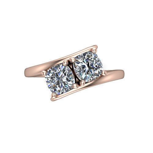 Alayna cushion three stone engagement ring in 18K Rose Gold, top-down view showing the two diamonds set diagonally in a toi et moi arrangement above the open band
