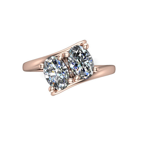 Alayna oval three stone engagement ring in 14K Rose Gold, top-down view showing the two diamonds set diagonally in a toi et moi arrangement above the open band