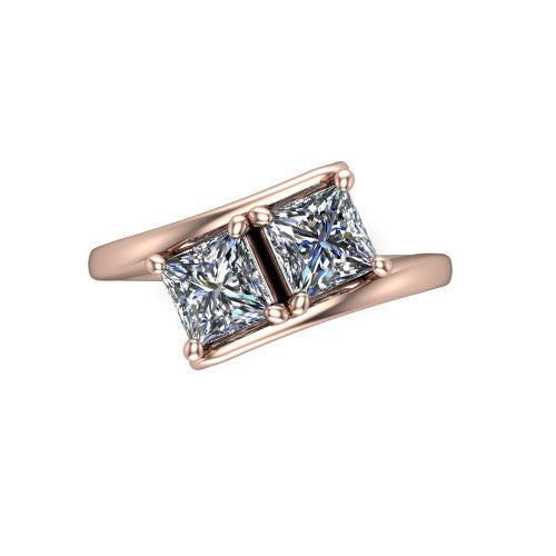 Alayna princess three stone engagement ring in 14K Rose Gold, top-down view showing the two diamonds set diagonally in a toi et moi arrangement above the open band