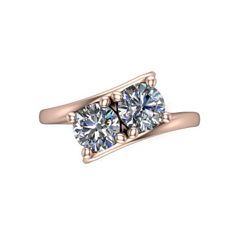 Alayna round three stone engagement ring in 14K Rose Gold, top-down view showing the two diamonds set diagonally in a toi et moi arrangement above the open band