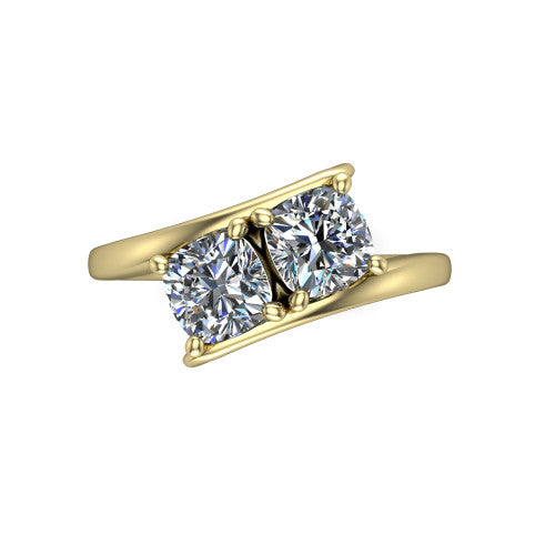 Alayna cushion three stone engagement ring in 14K Yellow Gold, top-down view showing the two diamonds set diagonally in a toi et moi arrangement above the open band