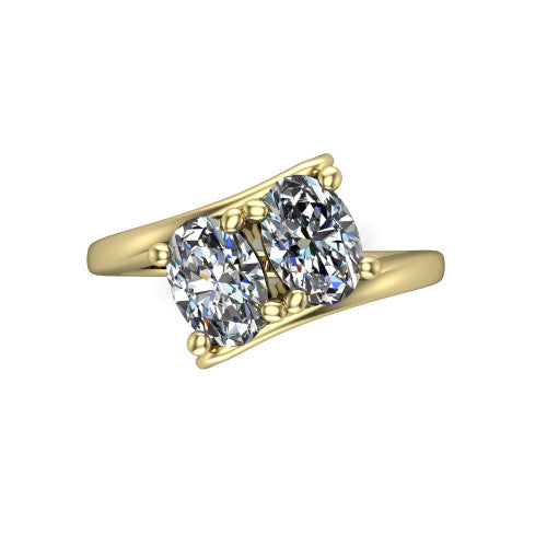 Alayna oval three stone engagement ring in 18K Yellow Gold, top-down view showing the two diamonds set diagonally in a toi et moi arrangement above the open band