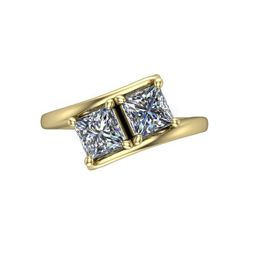 Alayna princess three stone engagement ring in 14K Yellow Gold, top-down view showing the two diamonds set diagonally in a toi et moi arrangement above the open band