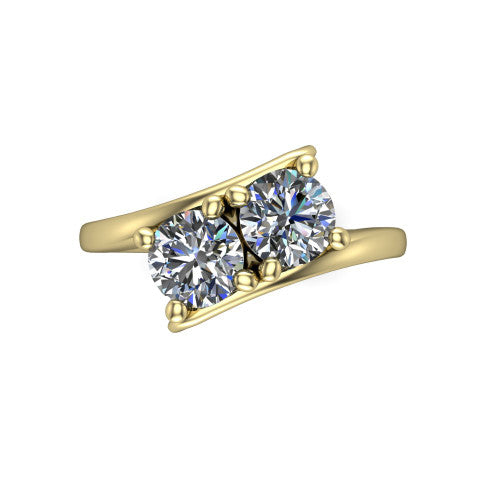 Alayna round three stone engagement ring in 18K Yellow Gold, top-down view showing the two diamonds set diagonally in a toi et moi arrangement above the open band