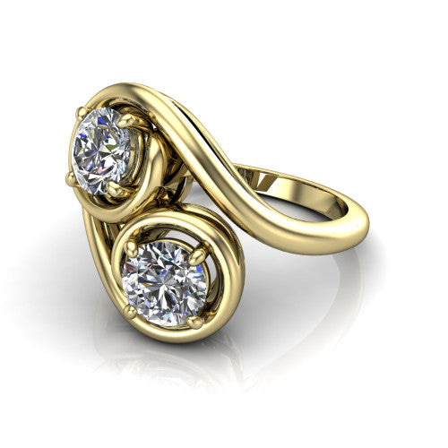 Daniela round three stone engagement ring in 14K Yellow Gold, three-quarter perspective showing two brilliant round diamonds half-bezel set diagonally on a polished bypass shank