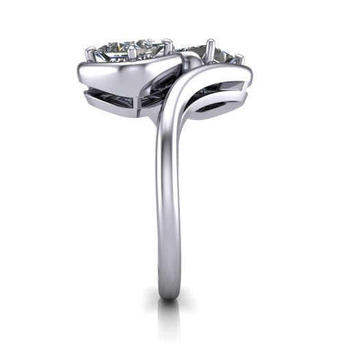 Daniela princess three stone engagement ring in 18K White Gold, side profile showing the bypass shank sweeping up and crossing behind the two-stone head