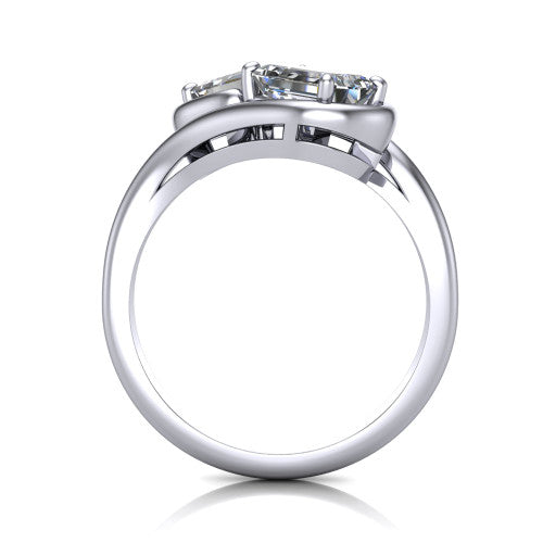 Daniela emerald three stone engagement ring in 14K White Gold, through-finger front profile showing the two-stone head and polished bypass band