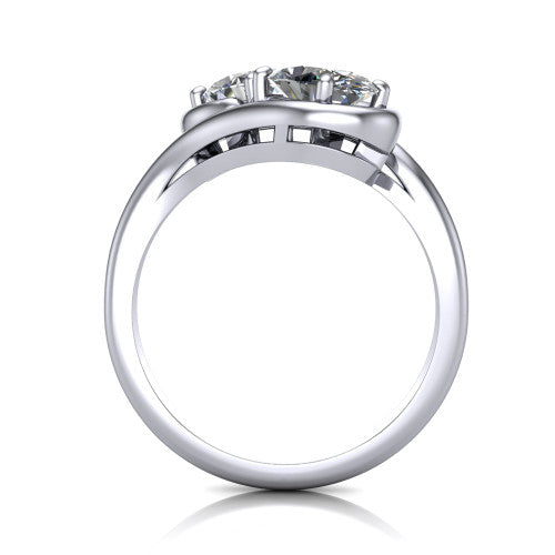Daniela oval three stone engagement ring in Platinum, through-finger front profile showing the two-stone head and polished bypass band