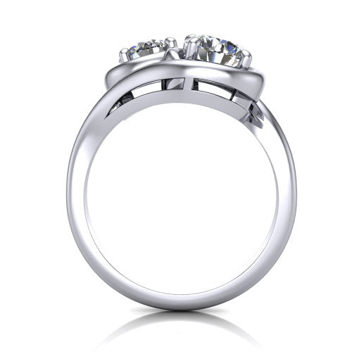 Daniela round three stone engagement ring in Platinum, through-finger front profile showing the two-stone head and polished bypass band