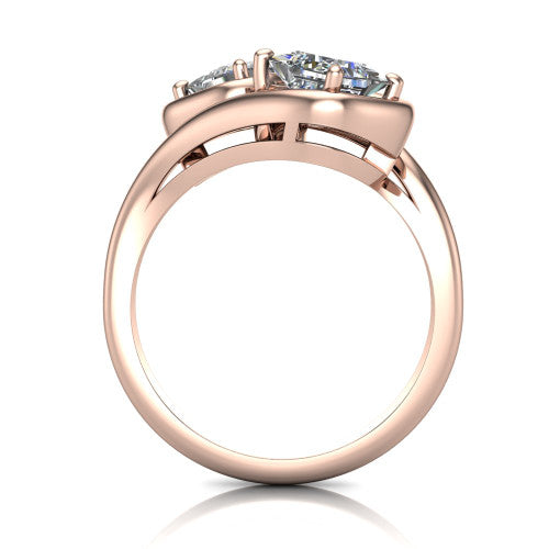 Daniela princess three stone engagement ring in 14K Rose Gold, through-finger front profile showing the two-stone head and polished bypass band