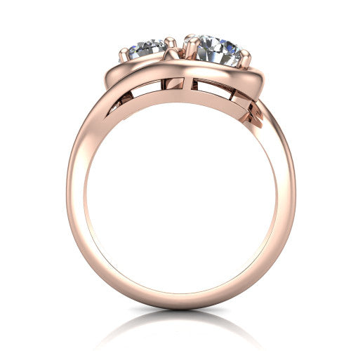 Daniela round three stone engagement ring in 14K Rose Gold, through-finger front profile showing the two-stone head and polished bypass band