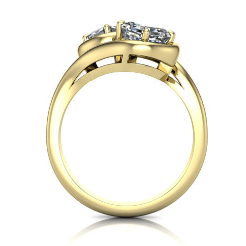 Daniela asscher three stone engagement ring in 14K Yellow Gold, through-finger front profile showing the two-stone head and polished bypass band