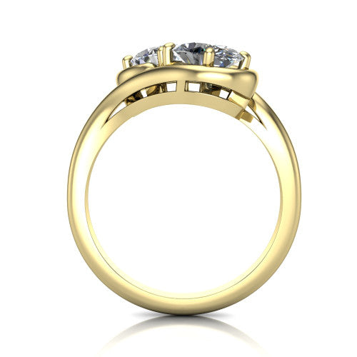 Daniela oval three stone engagement ring in 18K Yellow Gold, through-finger front profile showing the two-stone head and polished bypass band