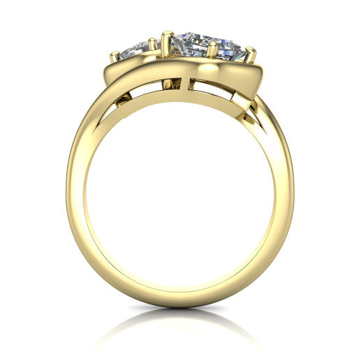 Daniela princess three stone engagement ring in 18K Yellow Gold, through-finger front profile showing the two-stone head and polished bypass band