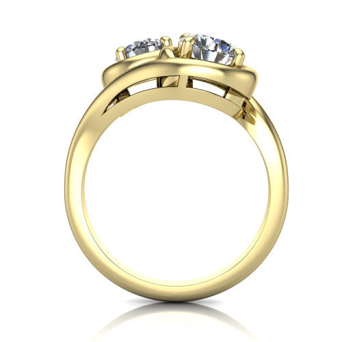 Daniela round three stone engagement ring in 18K Yellow Gold, through-finger front profile showing the two-stone head and polished bypass band