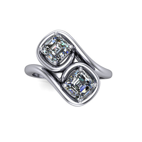 Daniela asscher three stone engagement ring in Platinum, top-down view showing two asscher cut diamonds set diagonally in a toi et moi arrangement within protective half-bezels