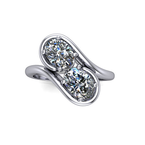 Daniela oval three stone engagement ring in 14K White Gold, top-down view showing two oval cut diamonds set diagonally in a toi et moi arrangement within protective half-bezels